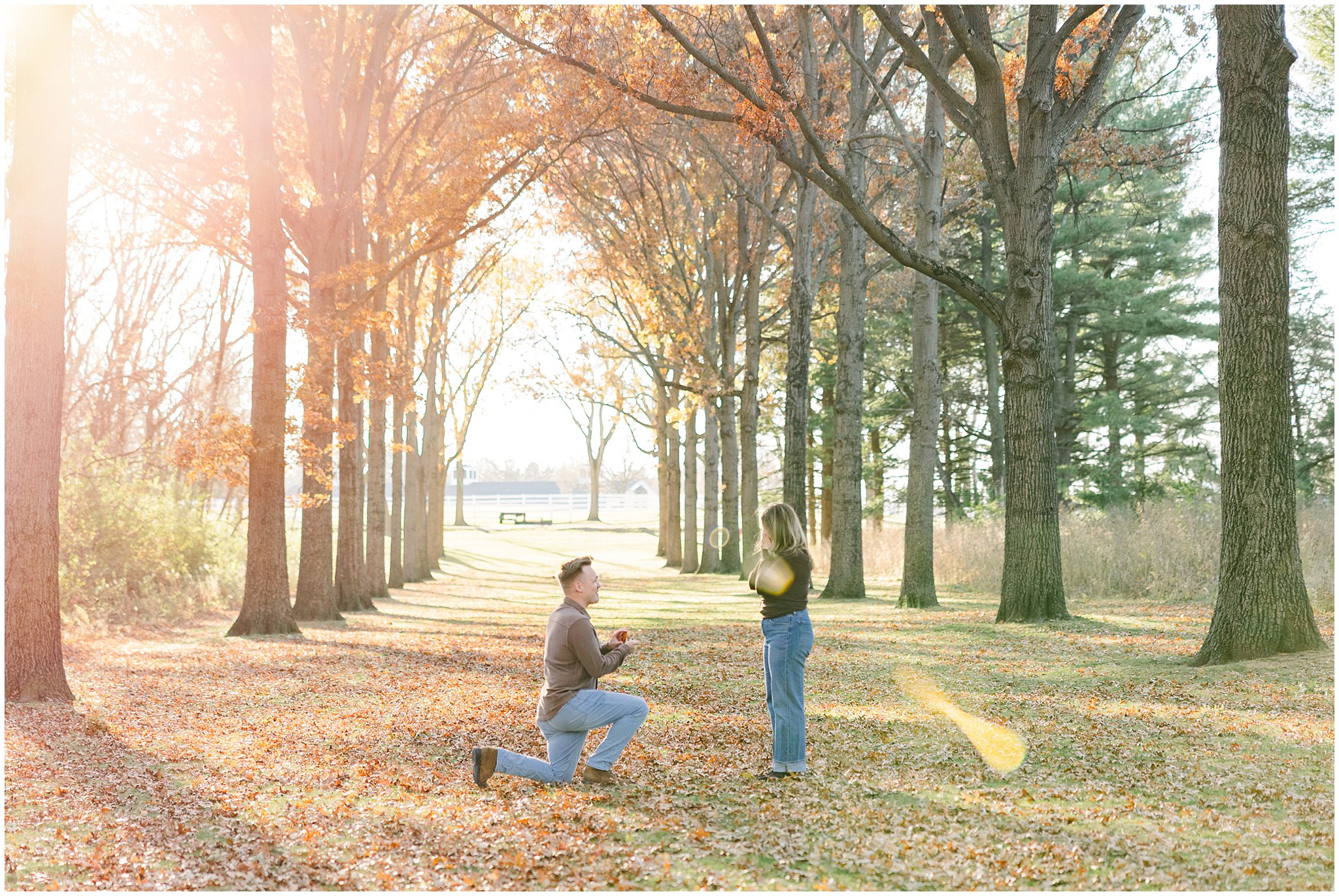 Emotional proposal moment at St. James Farm as Reed kneels with sun flare behind them.