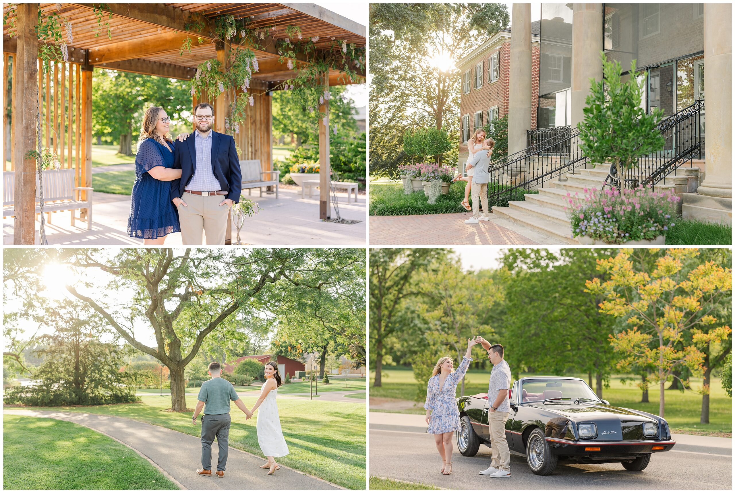 Engagement photo with architectural backdrop of Cantigny Mansion at Cantigny Park in Wheaton Illinois by Rachael Watson Photography Inc.