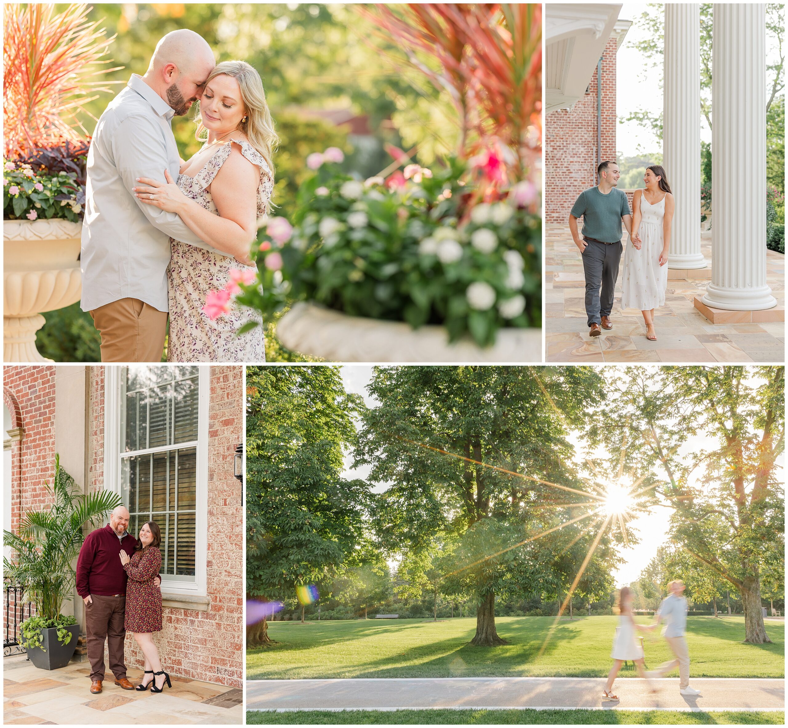 Romantic collage of engagement session portraits around Cantigny Park. Top left: Sweet embrace of couple surrounded by florals in the park, they look away from the camera. Top right: Couple walking hand in hand near McCormick Mansion at Cantigny Park in Wheaton Illinois during engagement session. Bottom left: couple stands together near McCormick mansion, they are both wearing red. Bottom right: Romantic engagement photo at golden hour in a park, with a couple walking hand-in-hand along a paved path. The sun creates a bright starburst through lush green trees, casting long shadows and soft lens flare, with a brick building edge visible on the left.