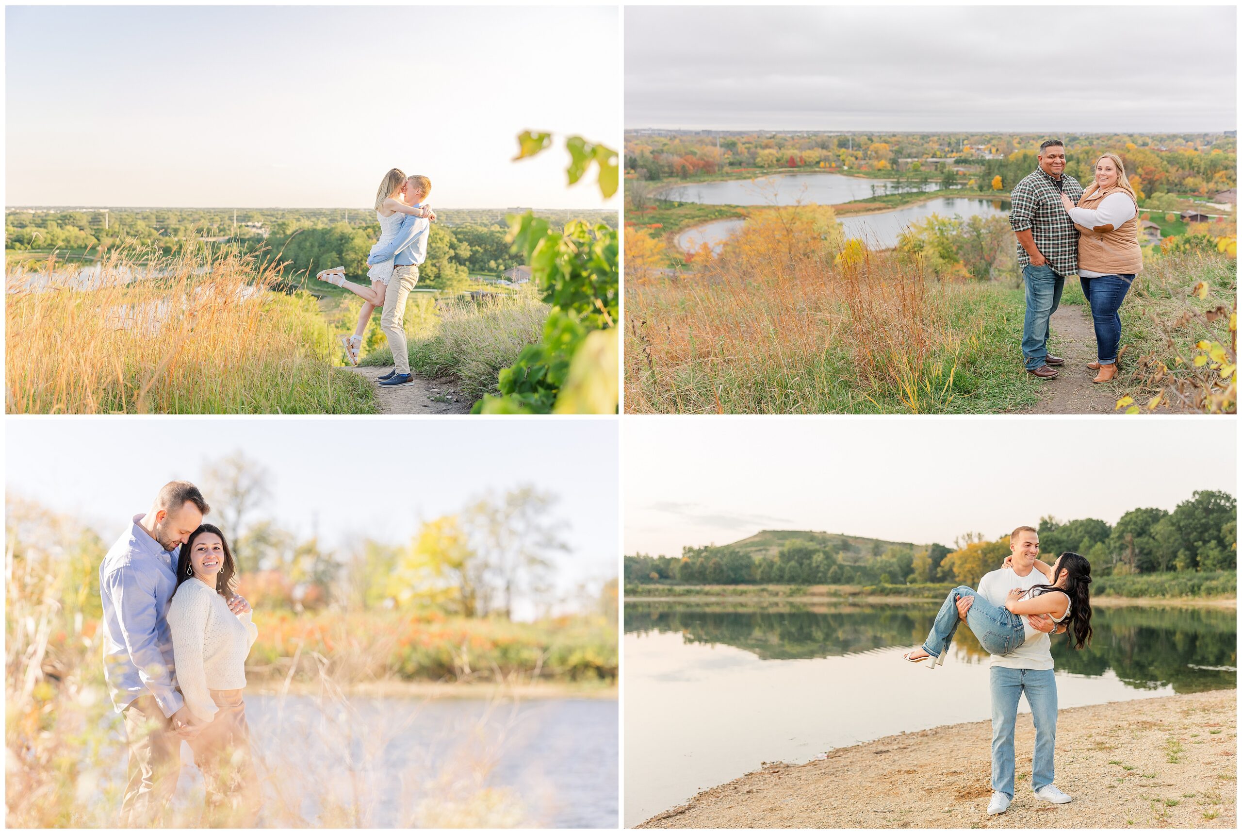 Couple standing on hilltop overlooking Blackwell Forest Preserve during engagement session. 