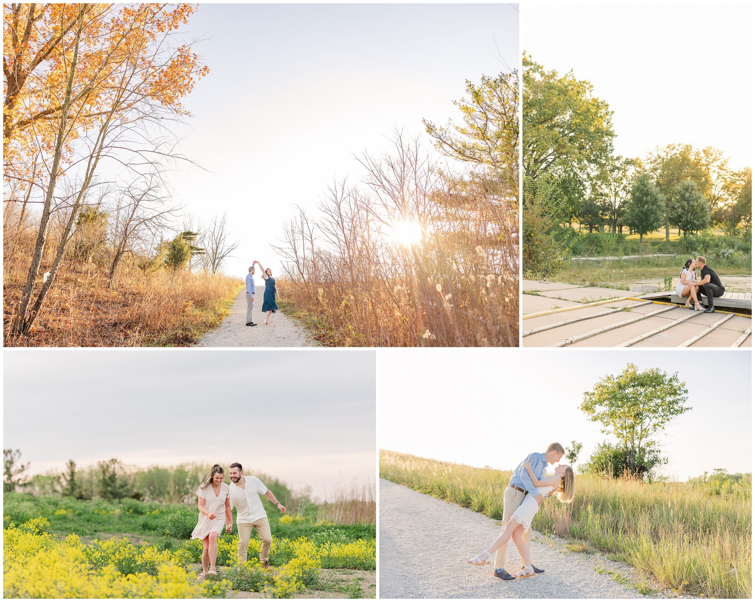 Romantic engagement photo with water and trees at Blackwell Forest Preserve. Couple runs together playfully during engagement session with Rachael Watson. 