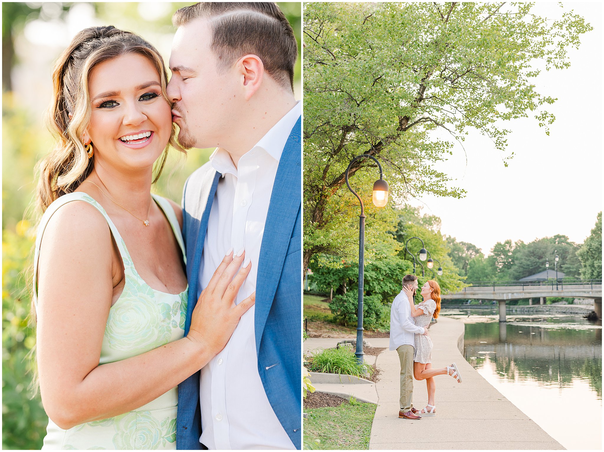 Romantic collage of engagement photos by Chicagoland Wedding Photographer, Rachael Watson Photography. Left side: close up of engaged couple, he kisses her cheek as she smiles at the camera. She is wearing a green dress, her hair is half up and curly. He is wearing a blue suit coat. Right side: engaged couple embracing near a river under streetlamps. She is grabbing his face and popping her left leg, wearing a sundress with a floral print on it. He is wearing a white button down and khaki pants.