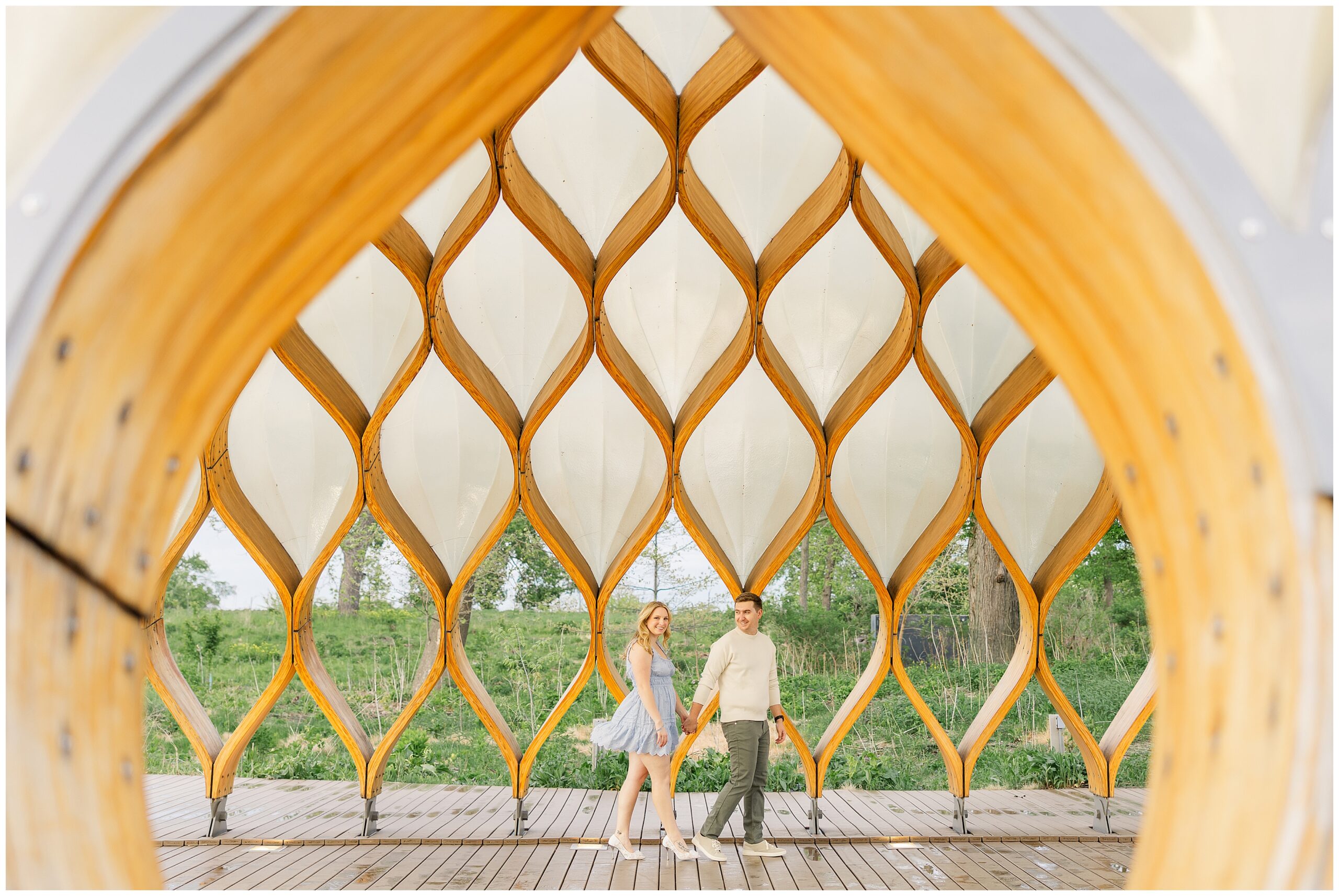 Engaged couple during engagement session at the honeycomb in Chicago, IL. Photos by Rachael Watson Photography Inc.