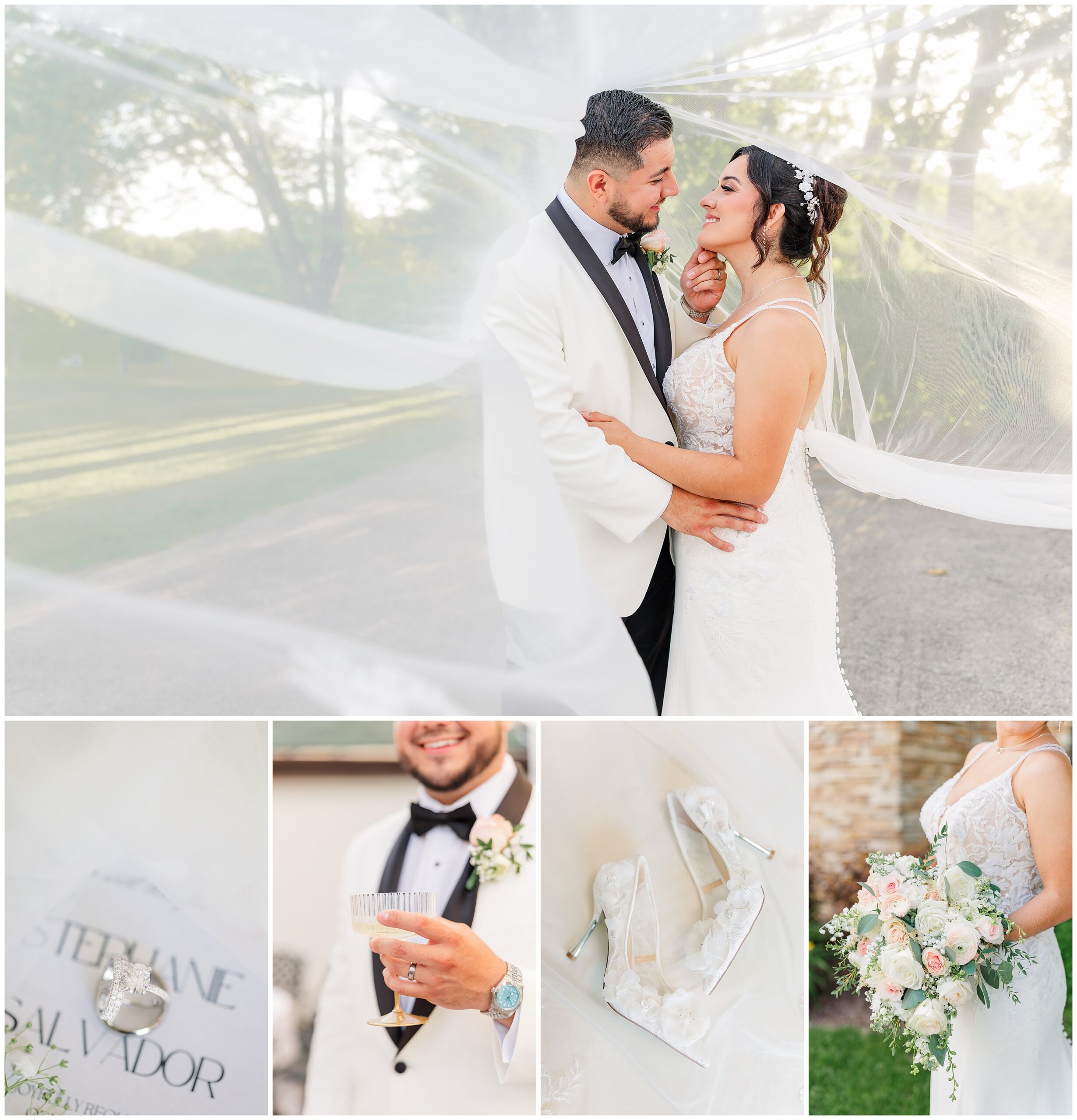 Five images. Bride & Groom under the wedding veil. Stunning engagement ring photo. The groom holding a Champagne glass with wedding ring on. The brides wedding shoes. The Bride holding her Wedding bouquet.