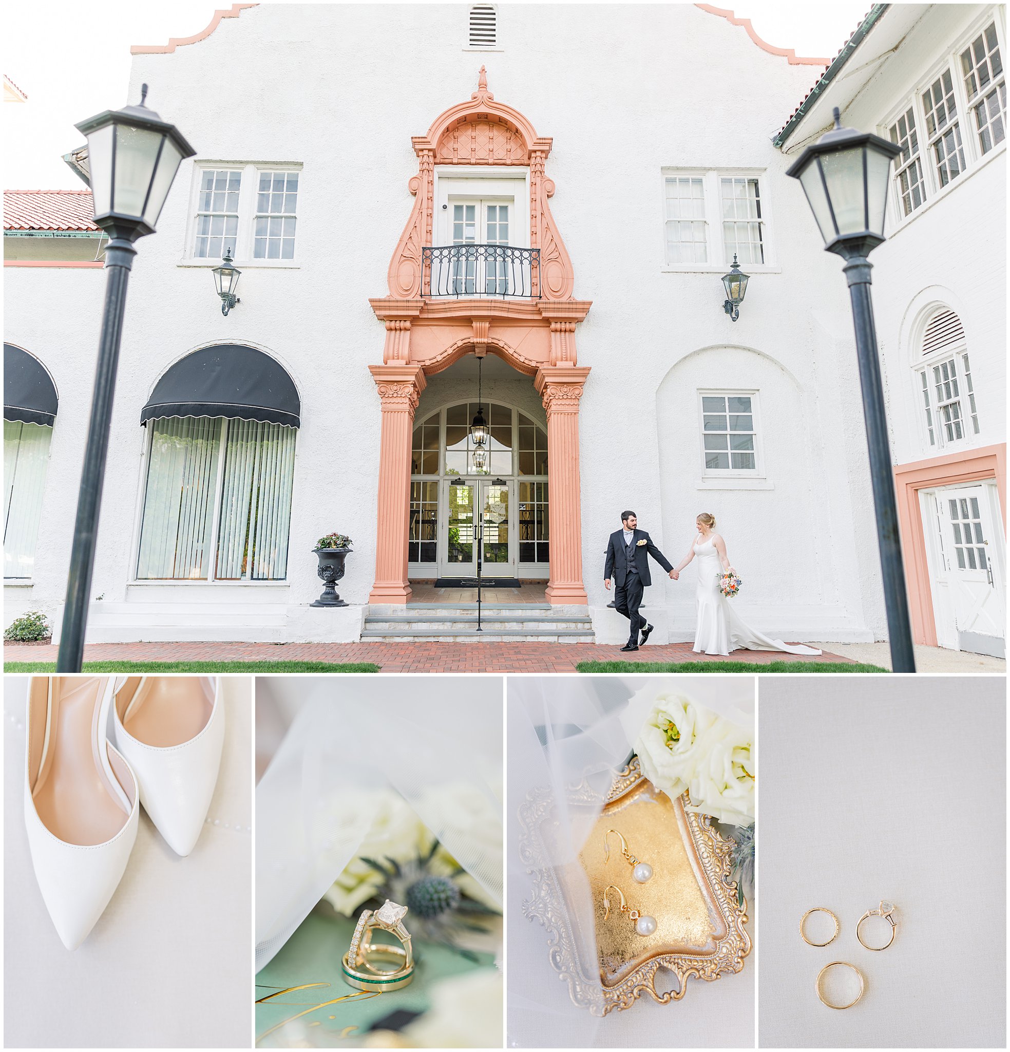 Romantic Ravisloe Country Club wedding collage featuring bride and groom portraits with elegant wedding details